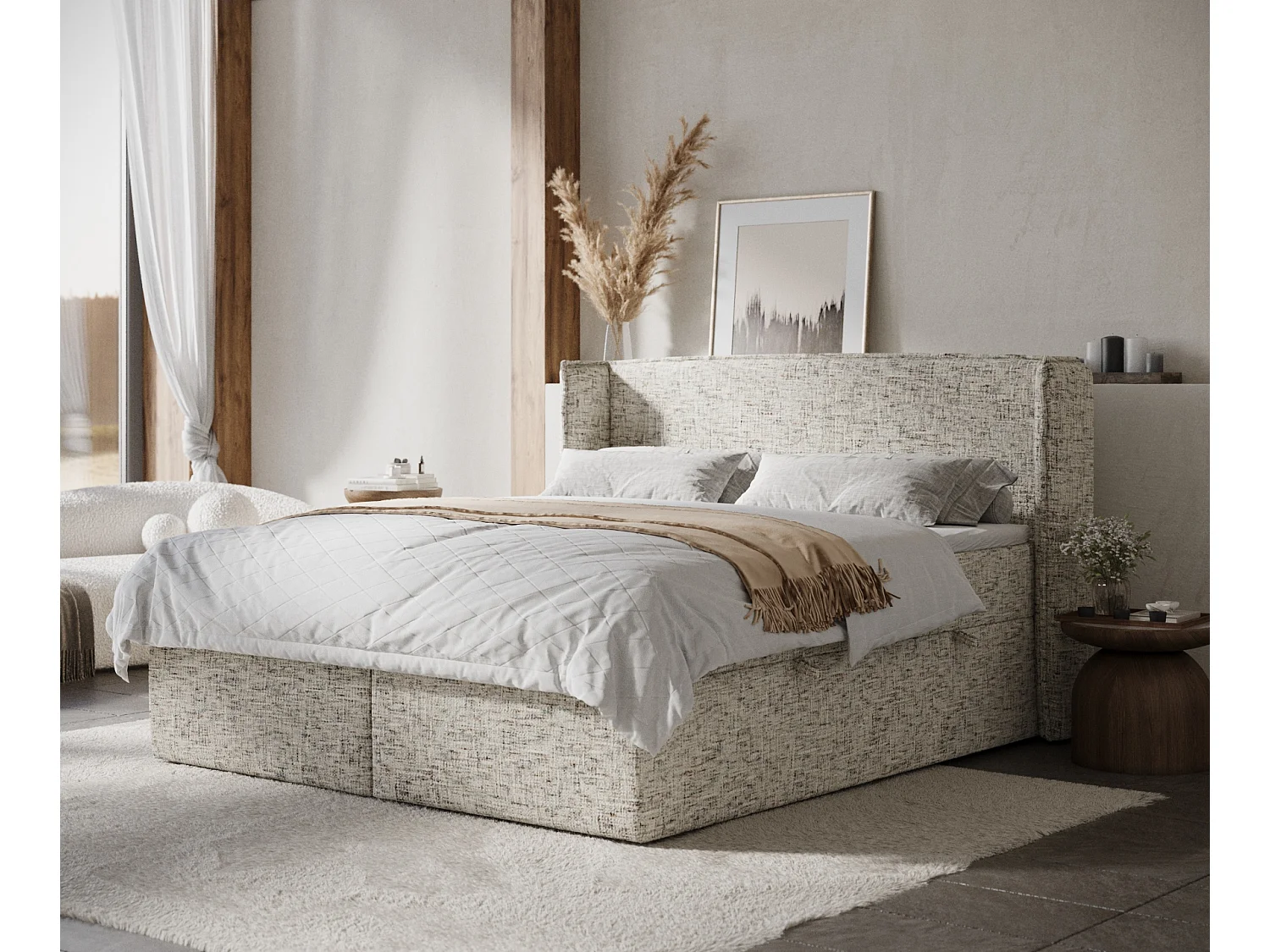 Łóżko boxspring w tkaninie plecionej Skyline - materac - topper - 160x200 cm - beżowy melanż 3981274 - obrazek 1