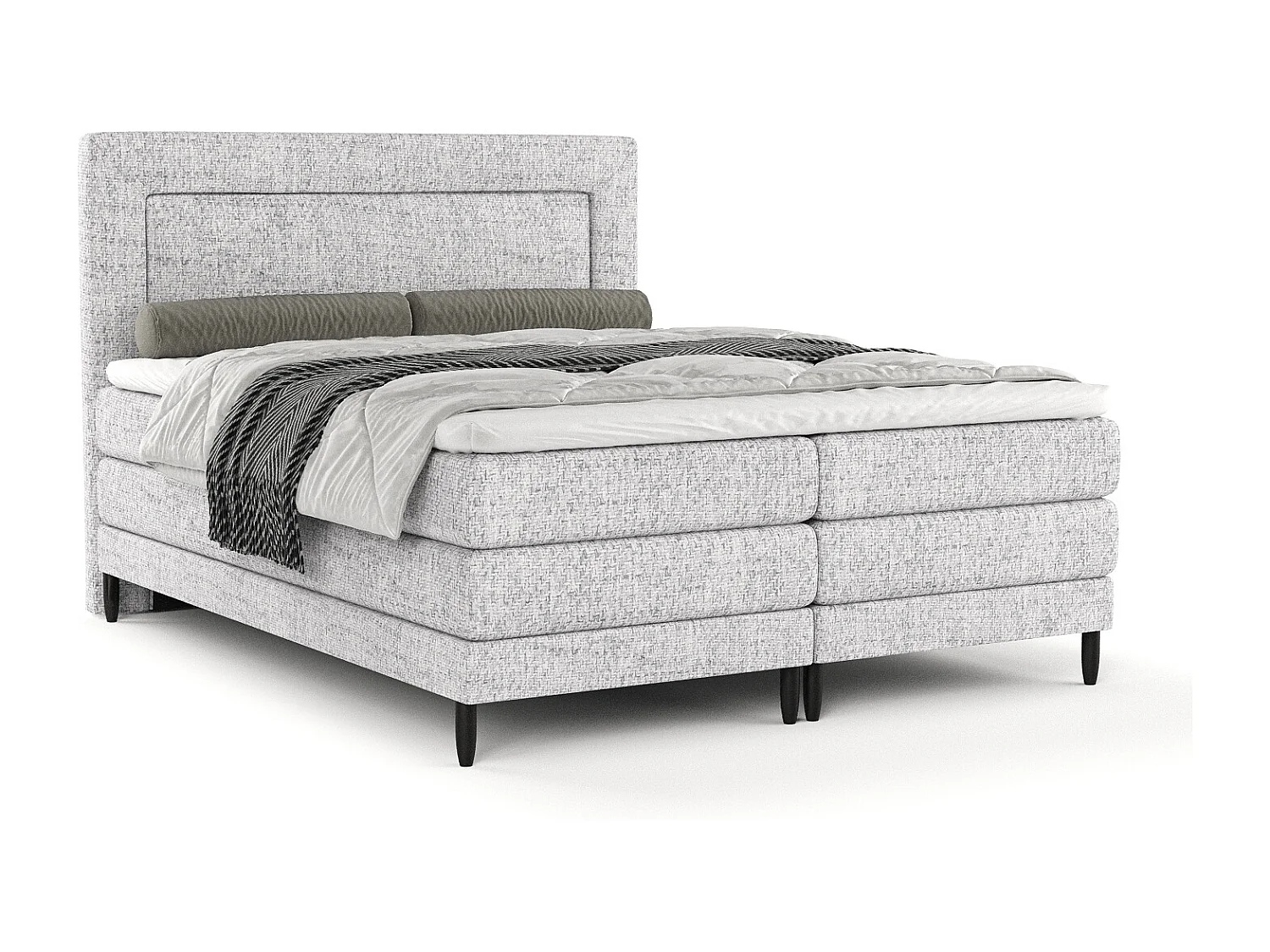 Łóżko boxspring w tkaninie plecionej Madame - materac - topper - 140x200 cm - jasnoszary 3981281 - obrazek 1
