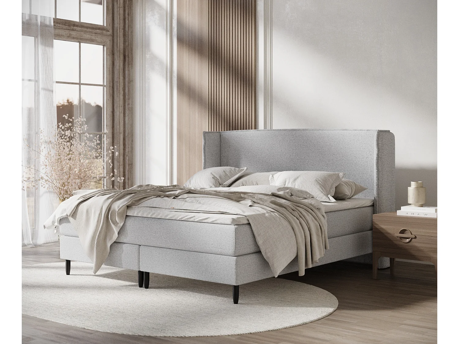 Łóżko boxspring w tkaninie plecionej Ardis – materac – topper – 200×200 cm – jasnoszary 3981303