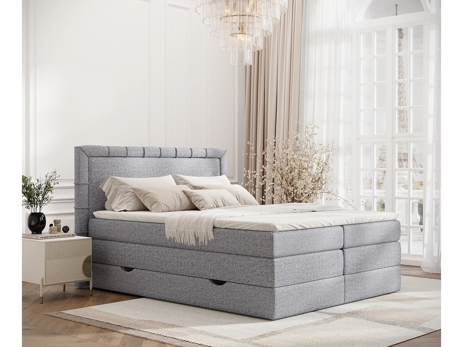 Łóżko boxspring w tkaninie plecionej Rosabel - materac - topper - 200x200 cm - szary 3981302 - obrazek 1