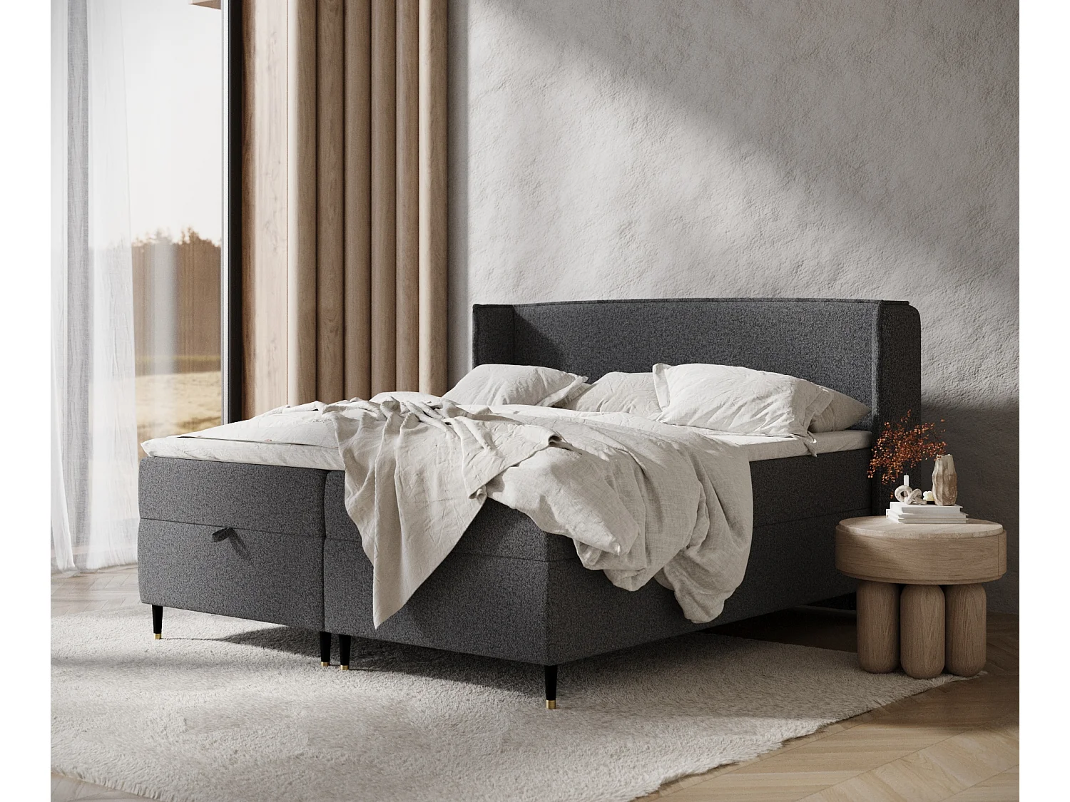 Łóżko boxspring w tkaninie plecionej Monpelli - materac - topper - 180x200 cm - czarny 3981319 - obrazek 1