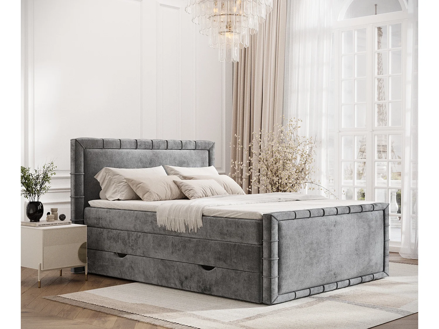Łóżko boxspring w tkaninie szenilowej Estelle - materac - topper - 180x200 cm - szary 3981324 - obrazek 1