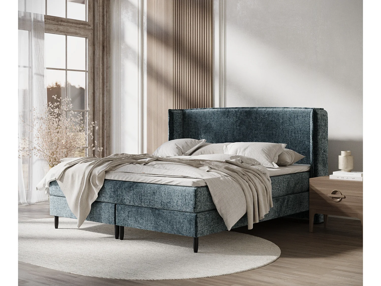 Łóżko boxspring w tkaninie szenilowej Ardis - materac - topper - 200x200 cm - niebieski 3981328 - obrazek 1