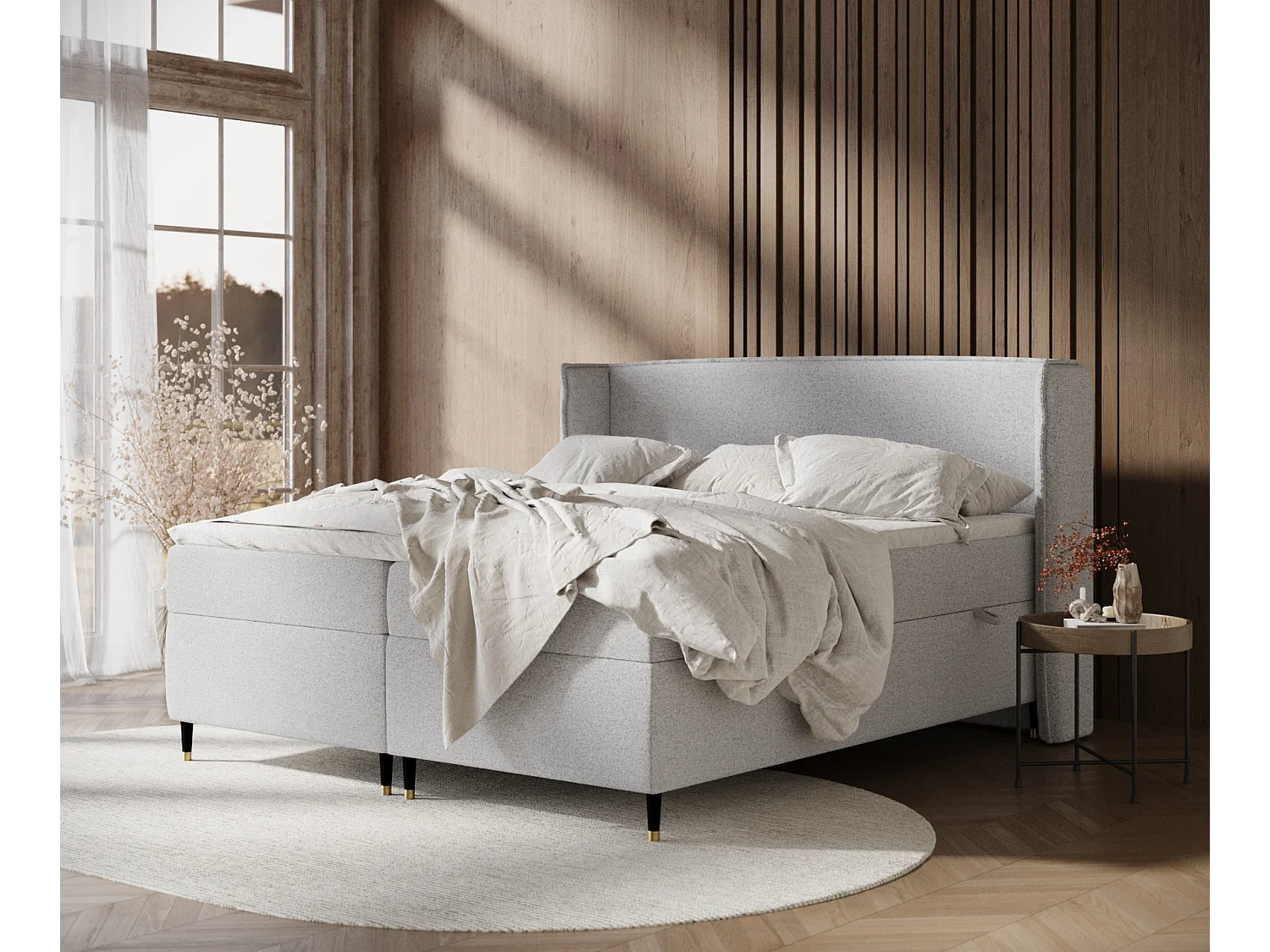 Łóżko boxspring w tkaninie plecionej Segni - materac - topper - 140x200 cm - jasnoszary 3981336 - obrazek 1