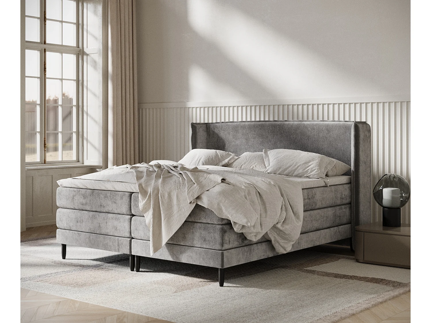 Łóżko boxspring w tkaninie szenilowej Carizzo - materac - topper - 180x200 cm - szary 3981343 - obrazek 1