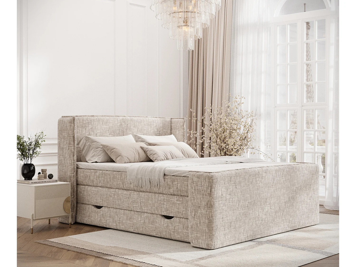 Łóżko boxspring w tkaninie plecionej Freeland - materac - topper - 180x200 cm - kremowy 3981353 - obrazek 1