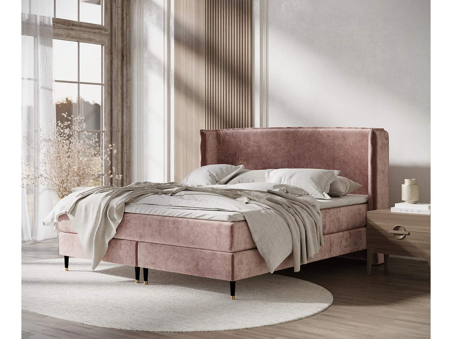 Łóżko boxspring w tkaninie szenilowej Ardis - materac - topper - 200x200 cm - różowy 3981355 - obrazek 1
