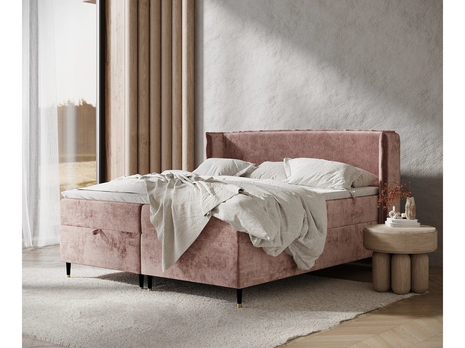 Łóżko boxspring w tkaninie szenilowej Monpelli – materac – topper – 140×200 cm – różowy 3981369