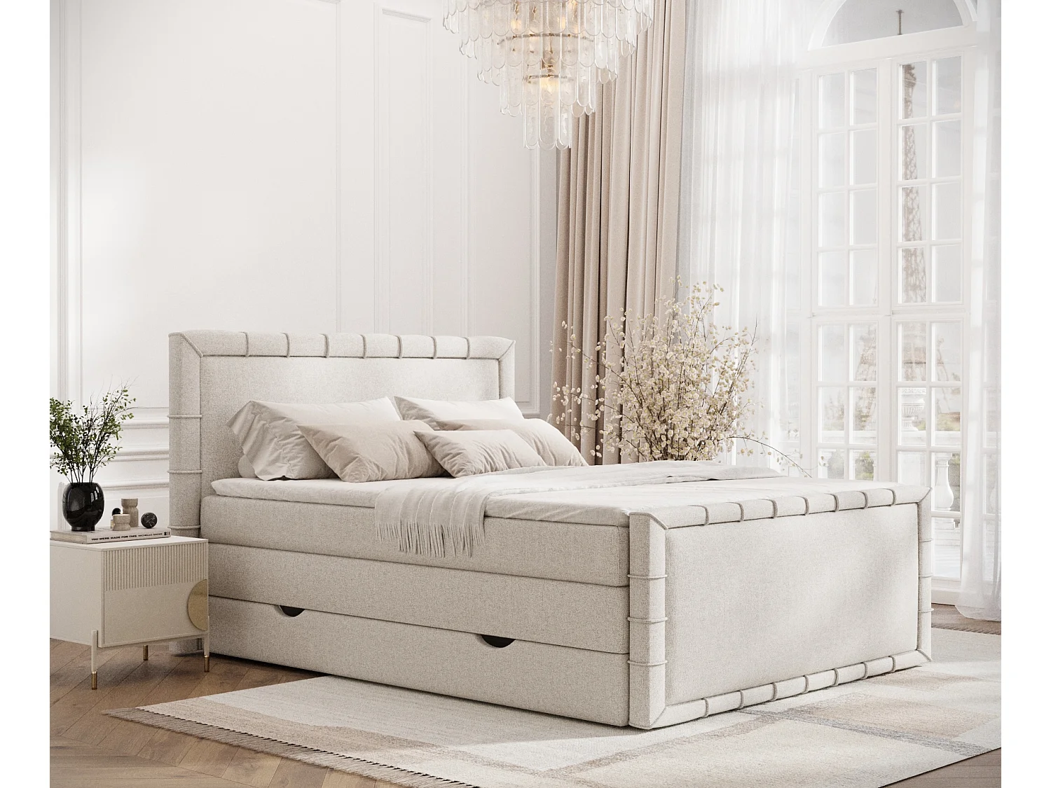 Łóżko boxspring w tkaninie plecionej Estelle - materac - topper - 180x200 cm - beżowy 3981374 - obrazek 1