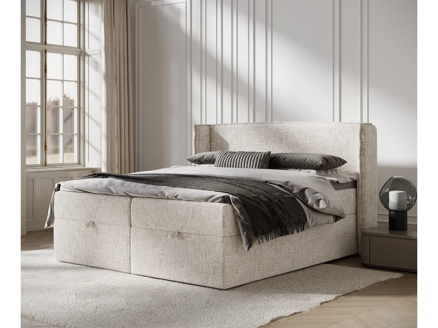 Łóżko boxspring w tkaninie plecionej Passion - materac - topper - 140x200 cm - kremowy 3981387 - obrazek 1