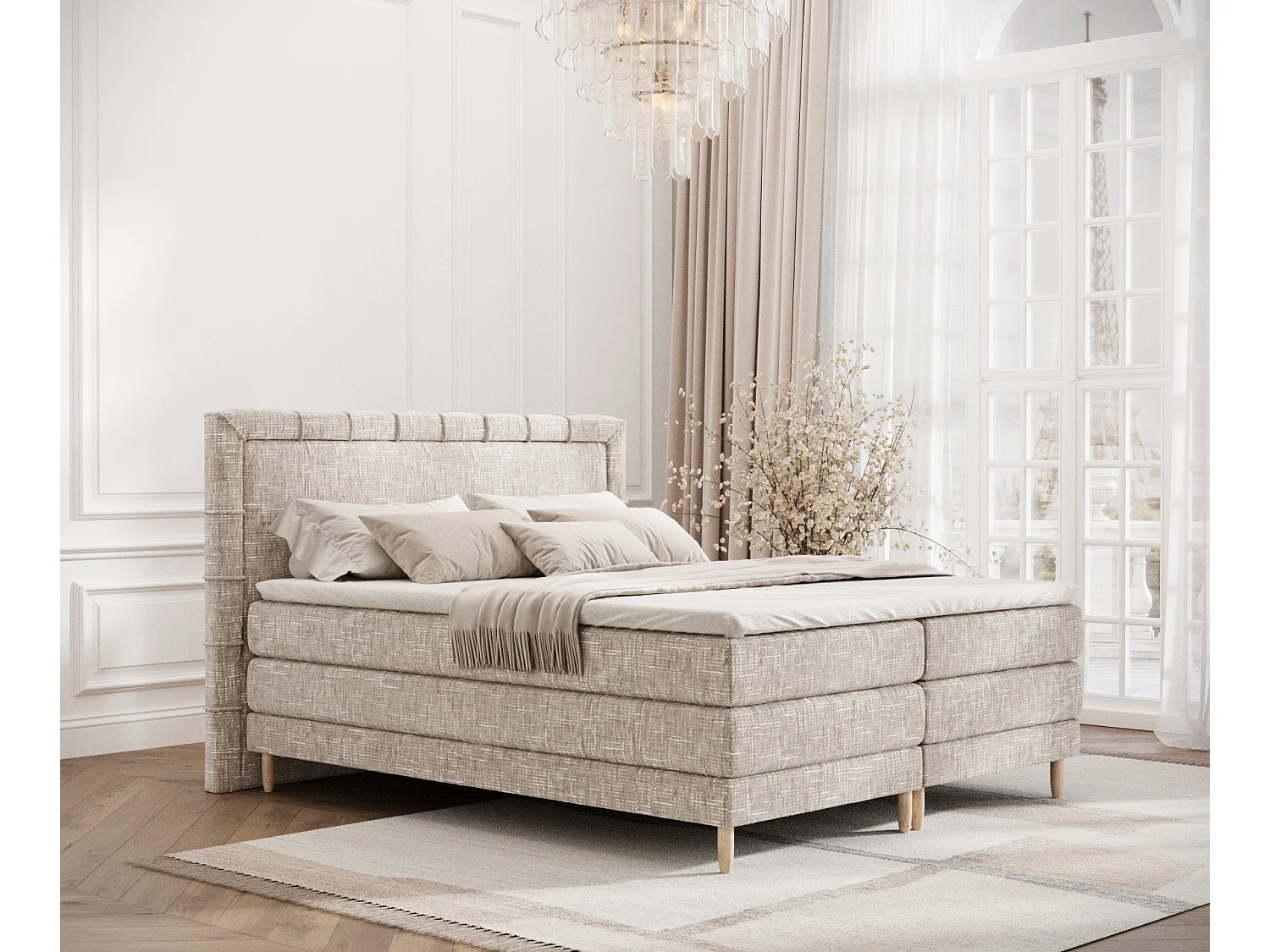 Łóżko boxspring w tkaninie plecionej Rimini - materac - topper - 140x200 cm - kremowy 3981390 - obrazek 1
