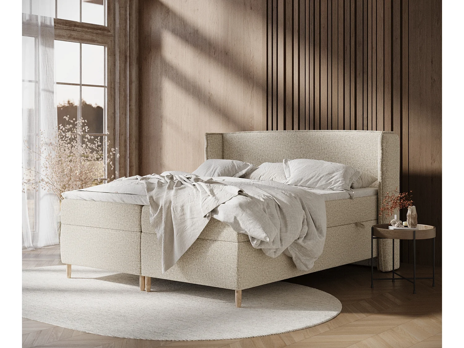 Łóżko boxspring w tkaninie boucle Segni – materac – topper – 140×200 cm – beżowy 3981393