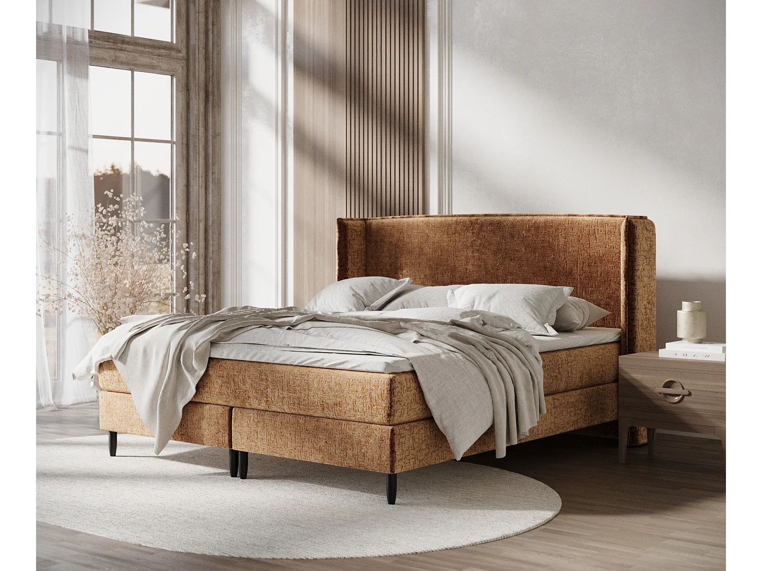 Łóżko boxspring w tkaninie szenilowej Ardis - materac - topper - 180x200 cm - miedziany 3981398 - obrazek 1