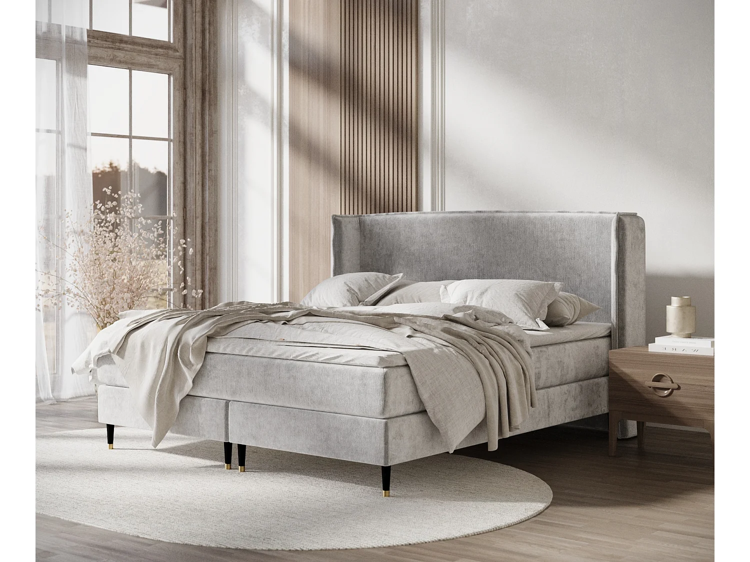 Łóżko boxspring w tkaninie szenilowej Ardis - materac - topper - 140x200 cm - jasnoszary 3981399 - obrazek 1