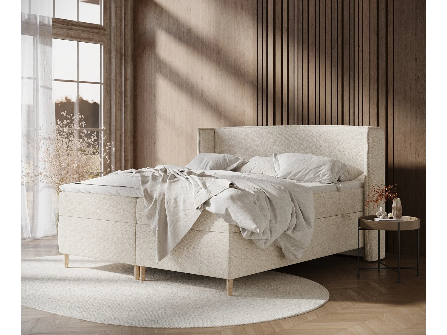 Łóżko boxspring w tkaninie boucle Segni – materac – topper – 160×200 cm – kremowy 3981401