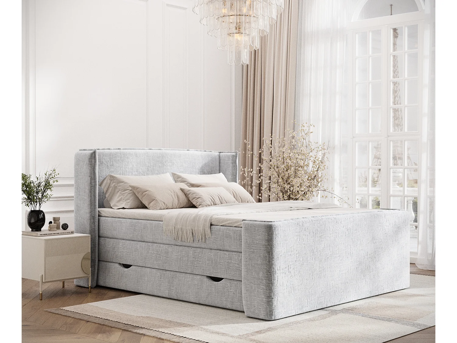 Łóżko boxspring w tkaninie szenilowej Freeland - materac - topper - 140x200 cm - jasnoszary 3981408 - obrazek 1
