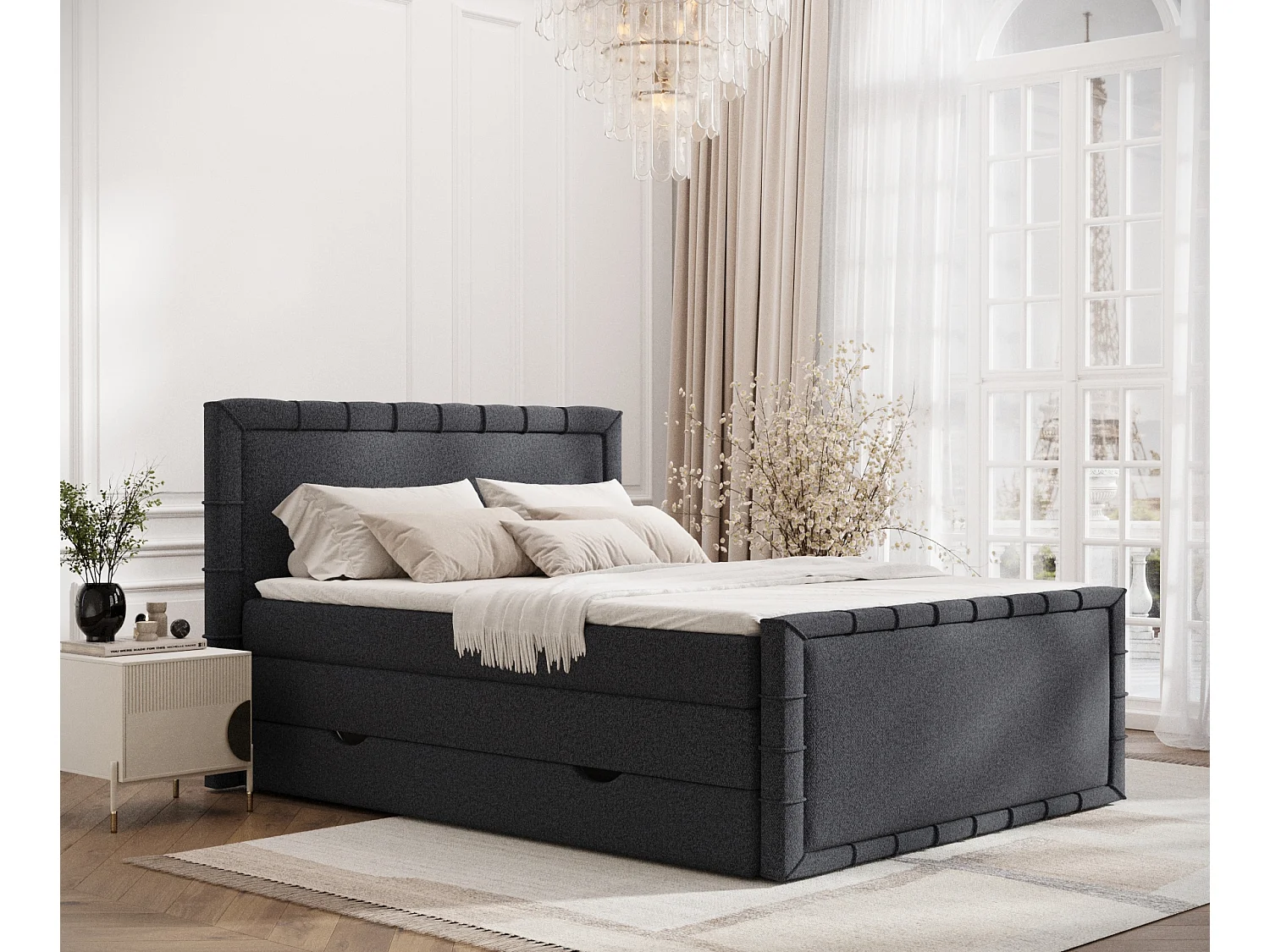 Łóżko boxspring w tkaninie plecionej Estelle - materac - topper - 140x200 cm - czarny 3981439 - obrazek 1