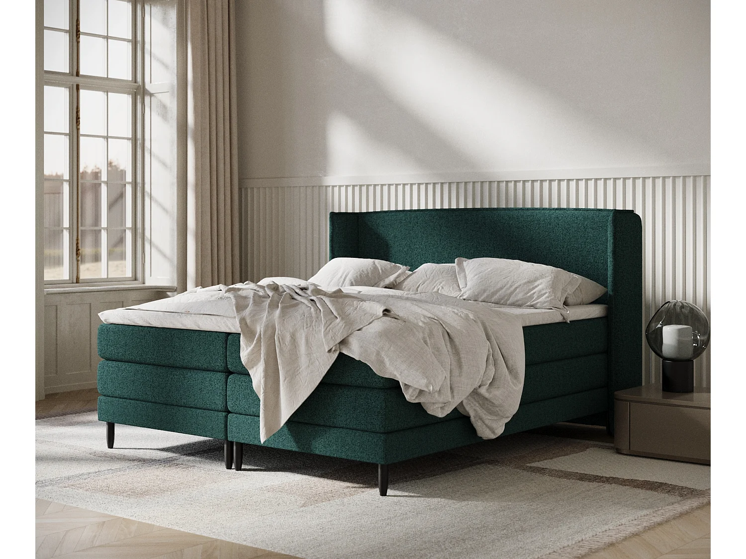 Łóżko boxspring w tkaninie plecionej Carizzo – materac – topper – 200×200 cm – zielony 3981445