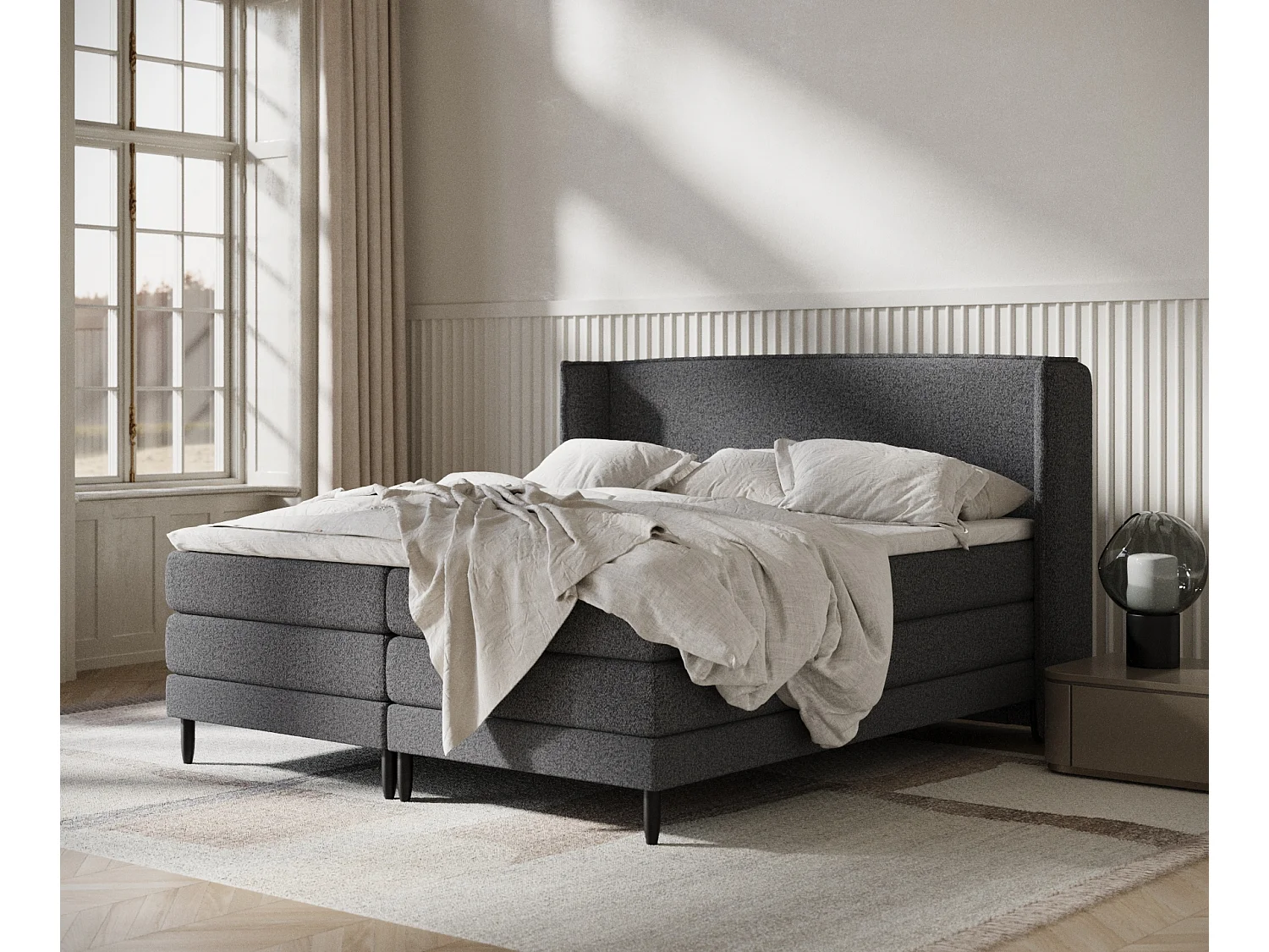 Łóżko boxspring w tkaninie plecionej Carizzo – materac – topper – 160×200 cm – czarny 3981456