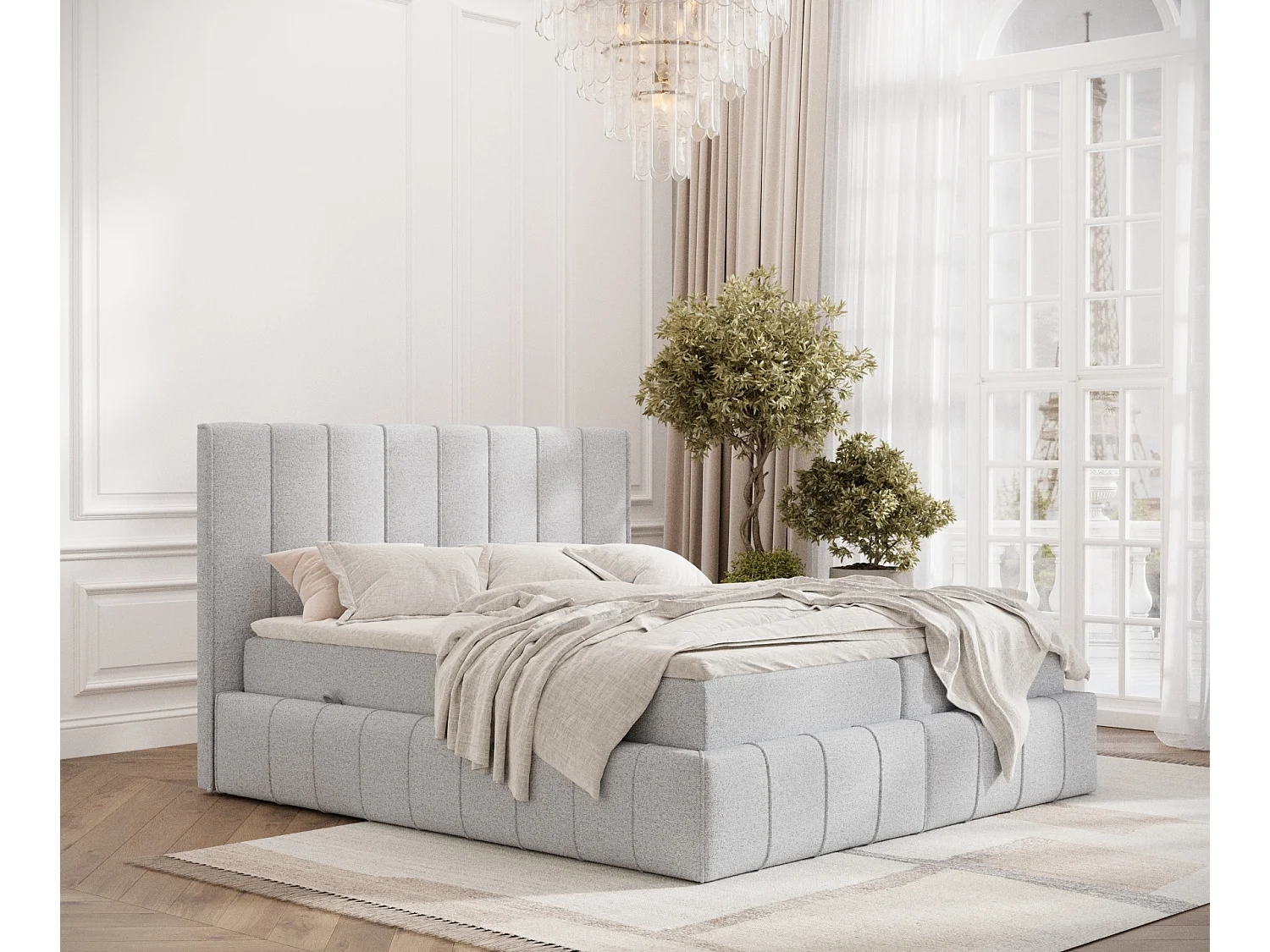 Łóżko boxspring w tkaninie plecionej Moretti - materac - topper - 180x200 cm - jasnoszary 3981453 - obrazek 1