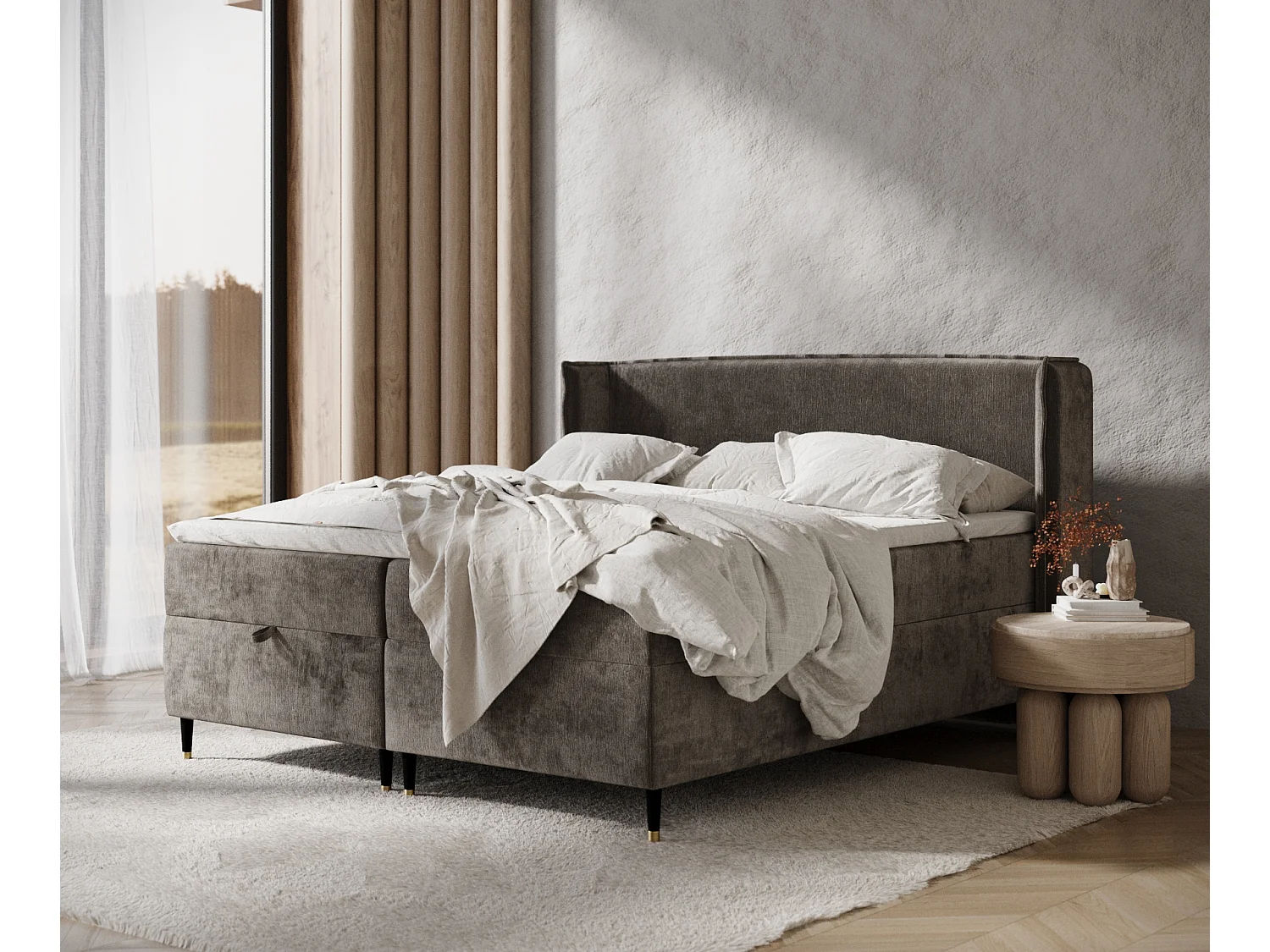 Łóżko boxspring w tkaninie szenilowej Monpelli – materac – topper – 160×200 cm – brązowy 3981466