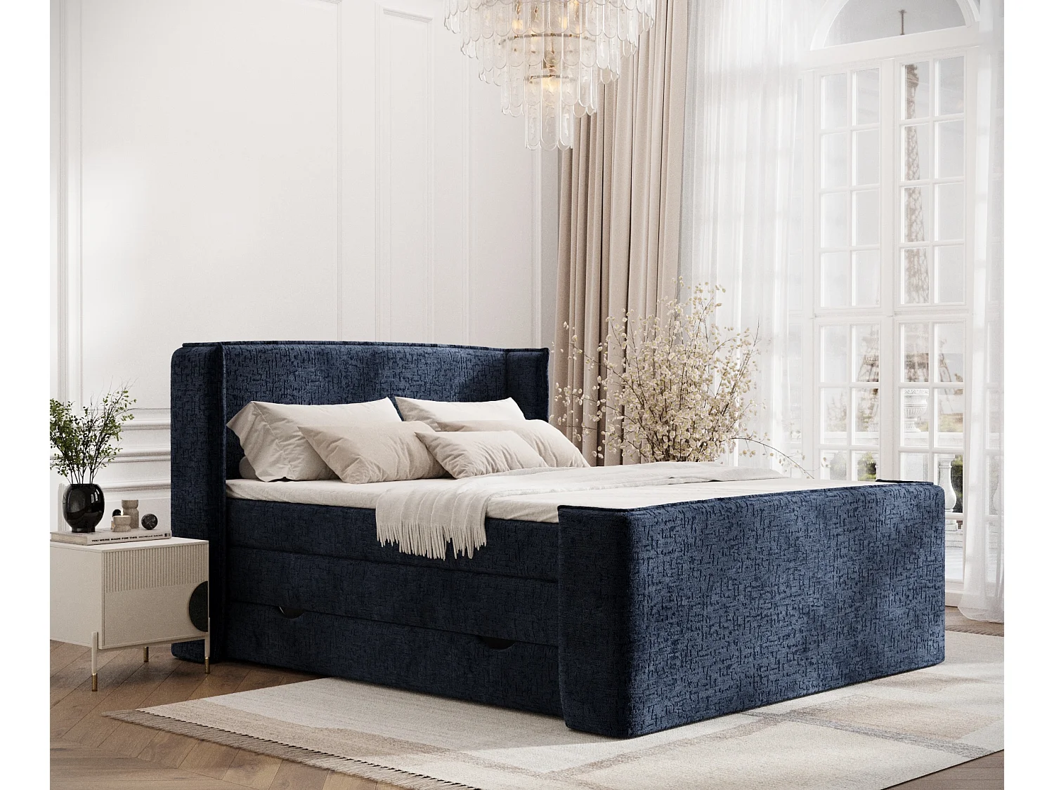 Łóżko boxspring w tkaninie szenilowej Freeland - materac - topper - 160x200 cm - granatowy 3981488 - obrazek 1