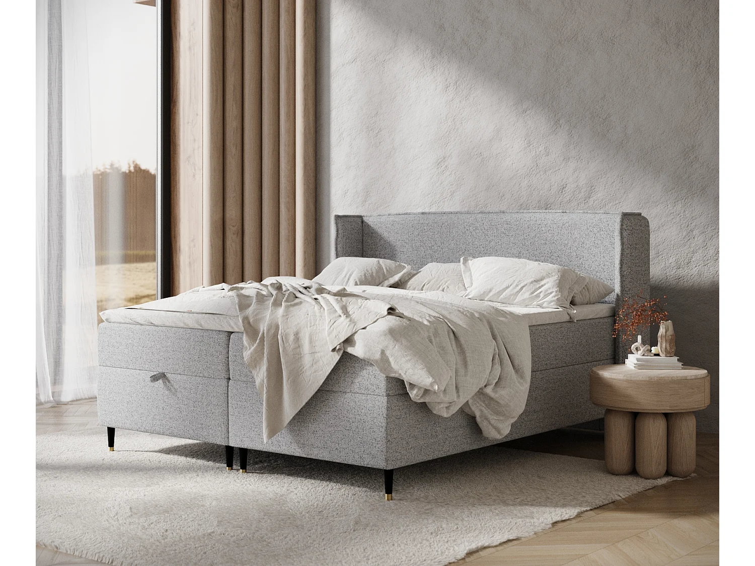 Łóżko boxspring w tkaninie plecionej Monpelli - materac - topper - 180x200 cm - szary 3981497 - obrazek 1