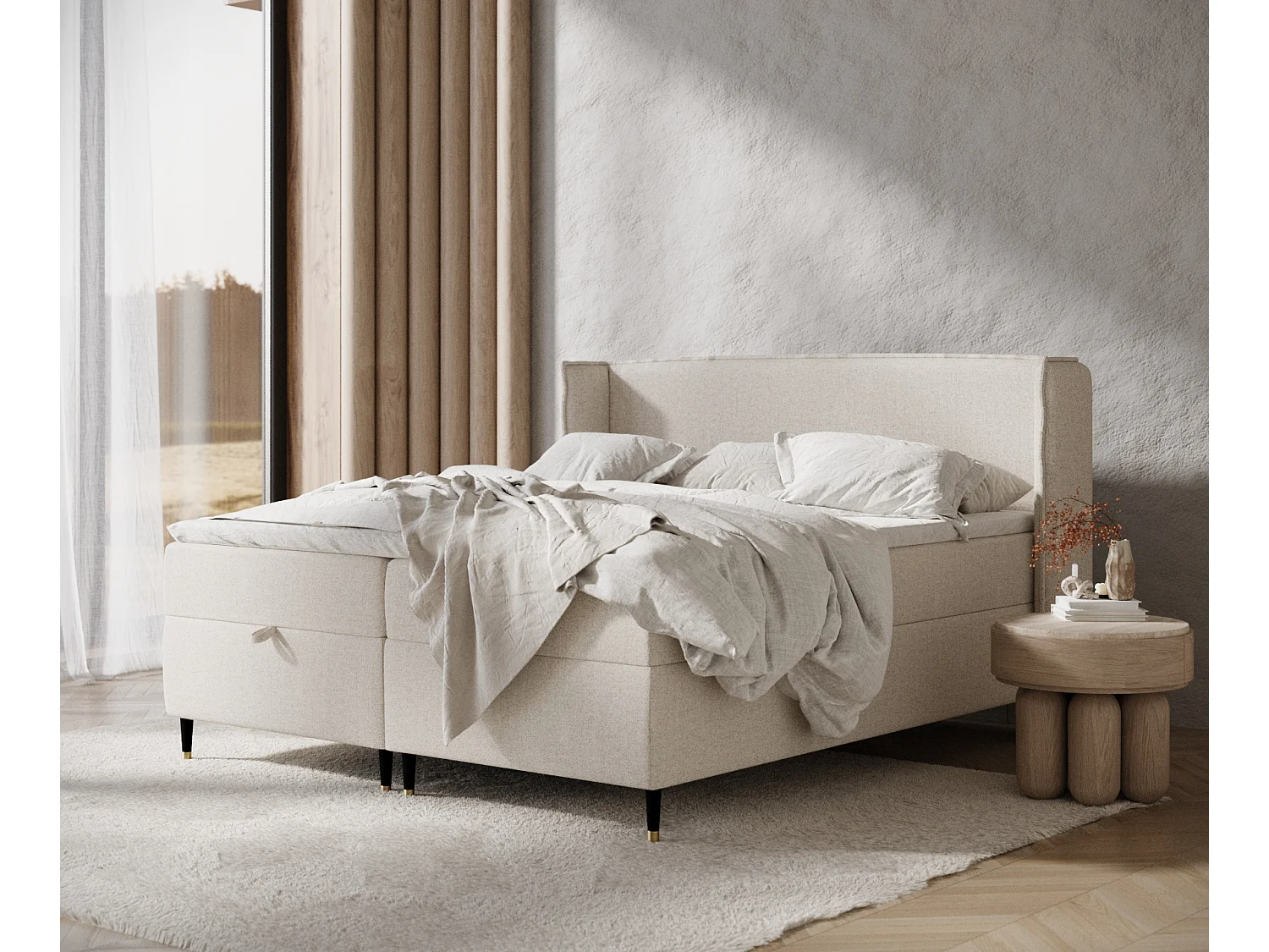 Łóżko boxspring w tkaninie plecionej Monpelli - materac - topper - 160x200 cm - beżowy 3981508 - obrazek 1