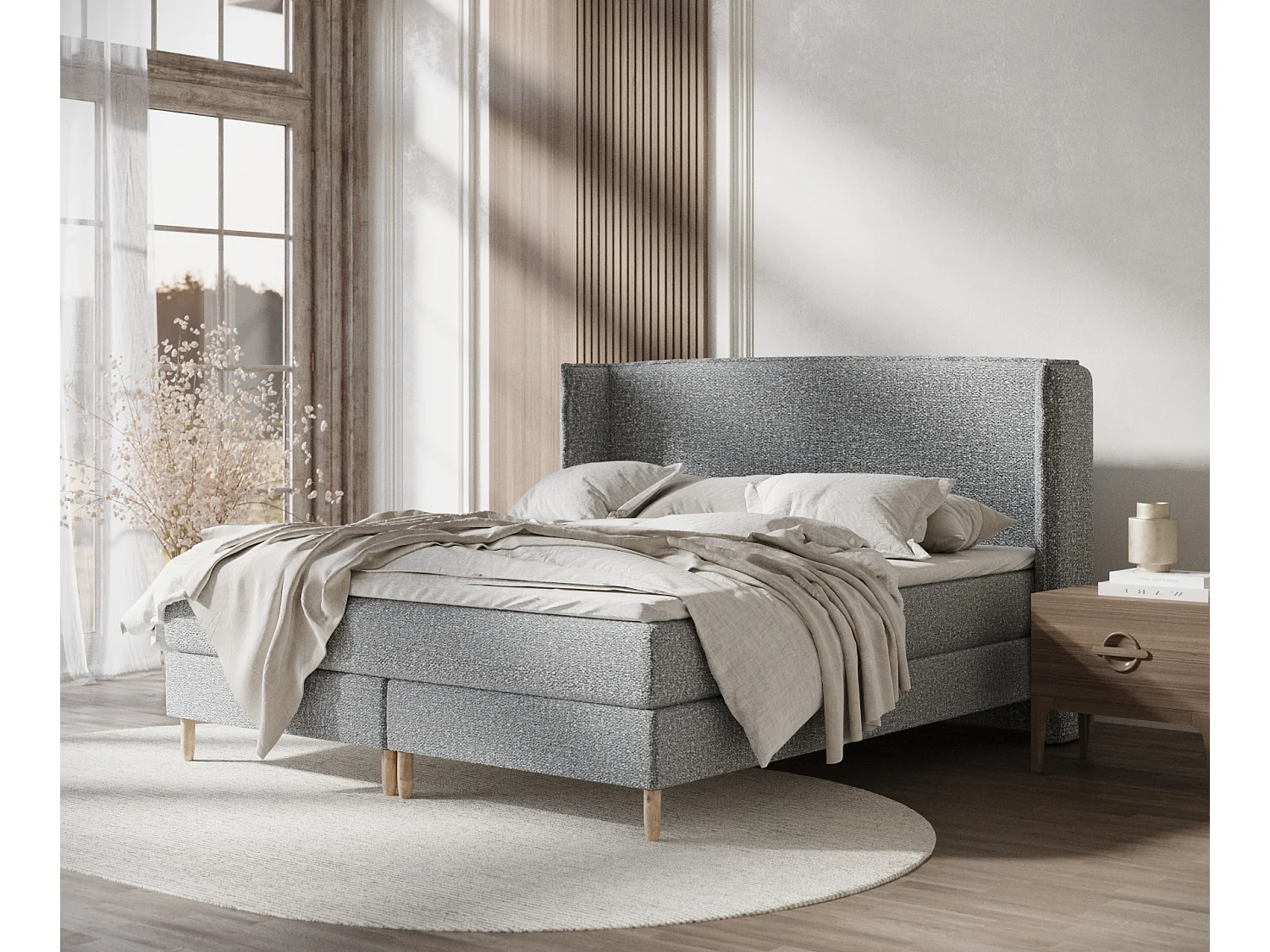 Łóżko boxspring w tkaninie boucle Ardis – materac – topper – 160×200 cm – szary 3981507