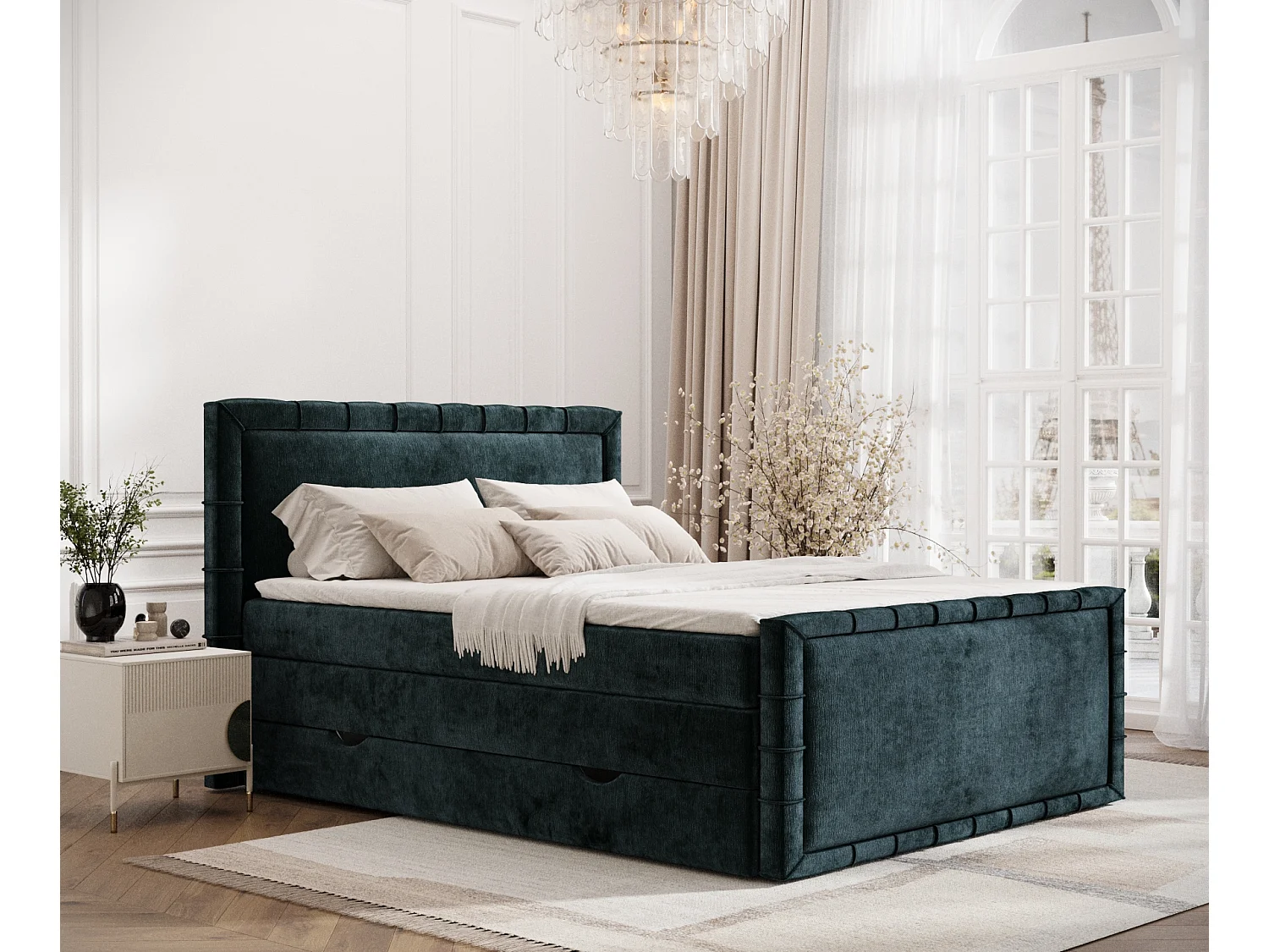 Łóżko boxspring w tkaninie szenilowej Estelle - materac - topper - 160x200 cm - teal 3981524 - obrazek 1