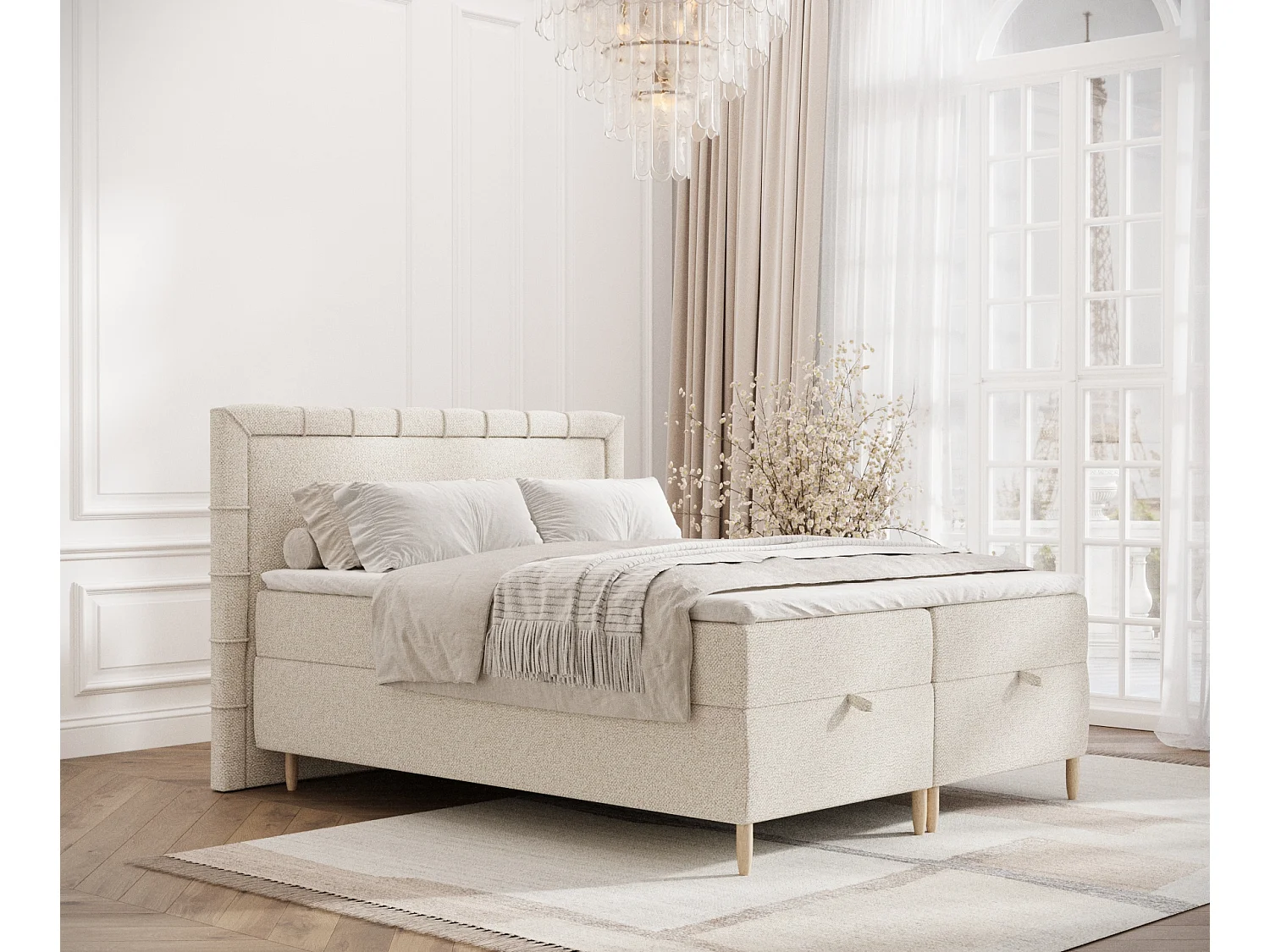 Łóżko boxspring w tkaninie boucle Voyage – materac – topper – 180×200 cm – kremowy 3981527