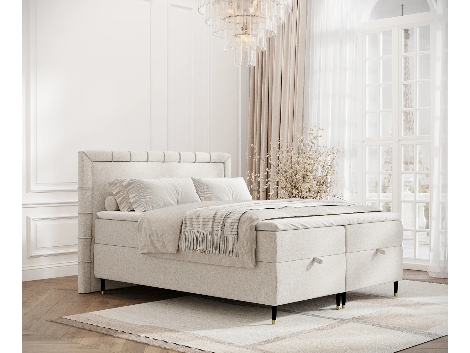 Łóżko boxspring w tkaninie plecionej Voyage - materac - topper - 140x200 cm - beżowy 3981537 - obrazek 1