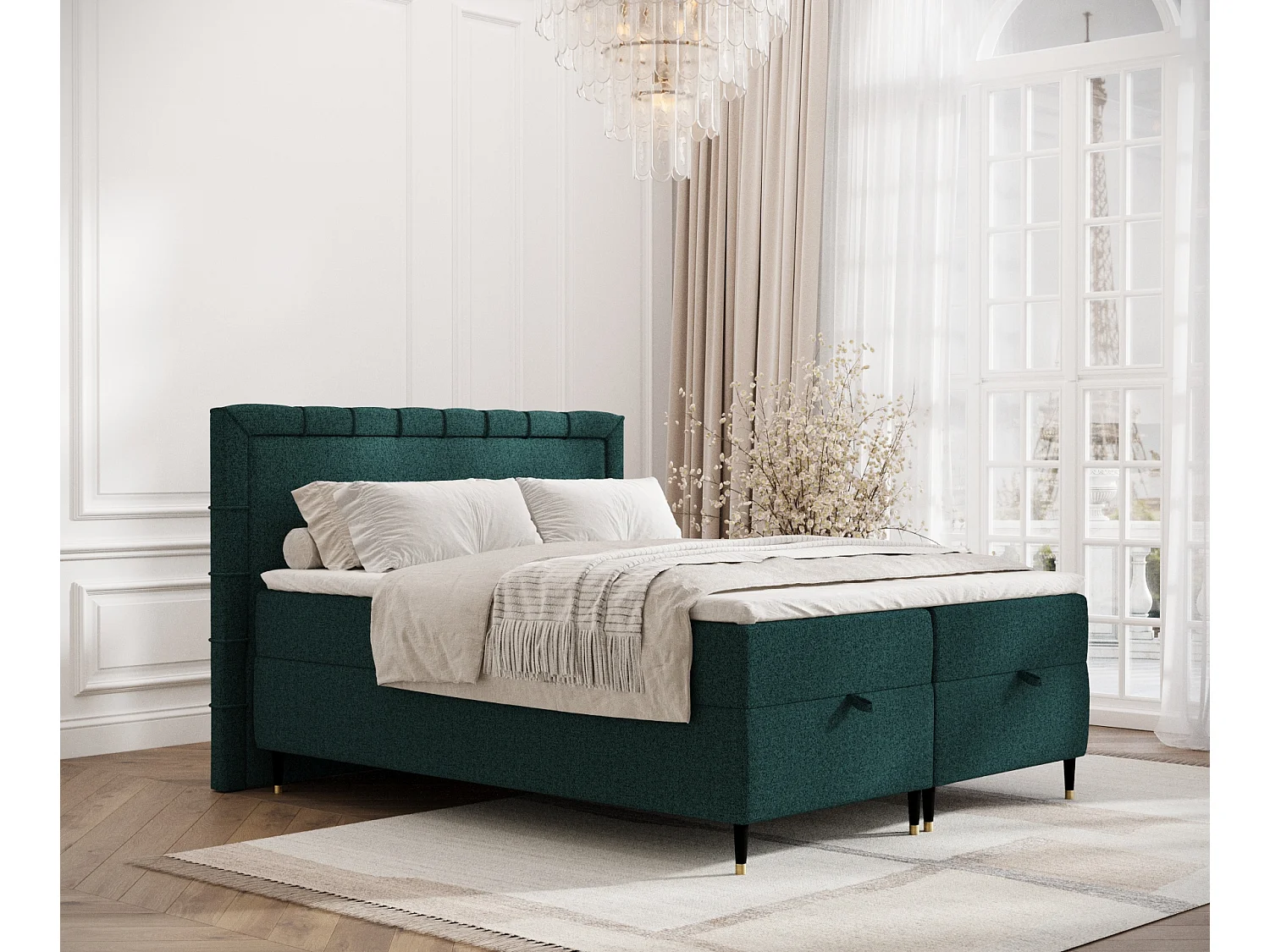 Łóżko boxspring w tkaninie plecionej Voyage - materac - topper - 180x200 cm - zielony 3981551 - obrazek 1