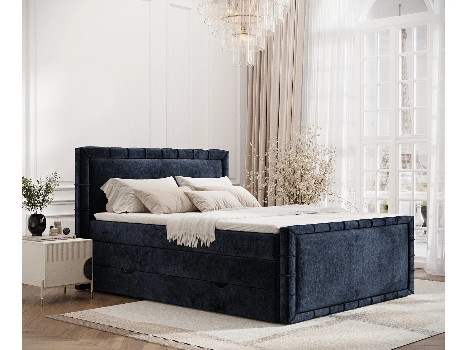 Łóżko boxspring w tkaninie szenilowej Estelle - materac - topper - 180x200 cm - granatowy 3981557 - obrazek 1