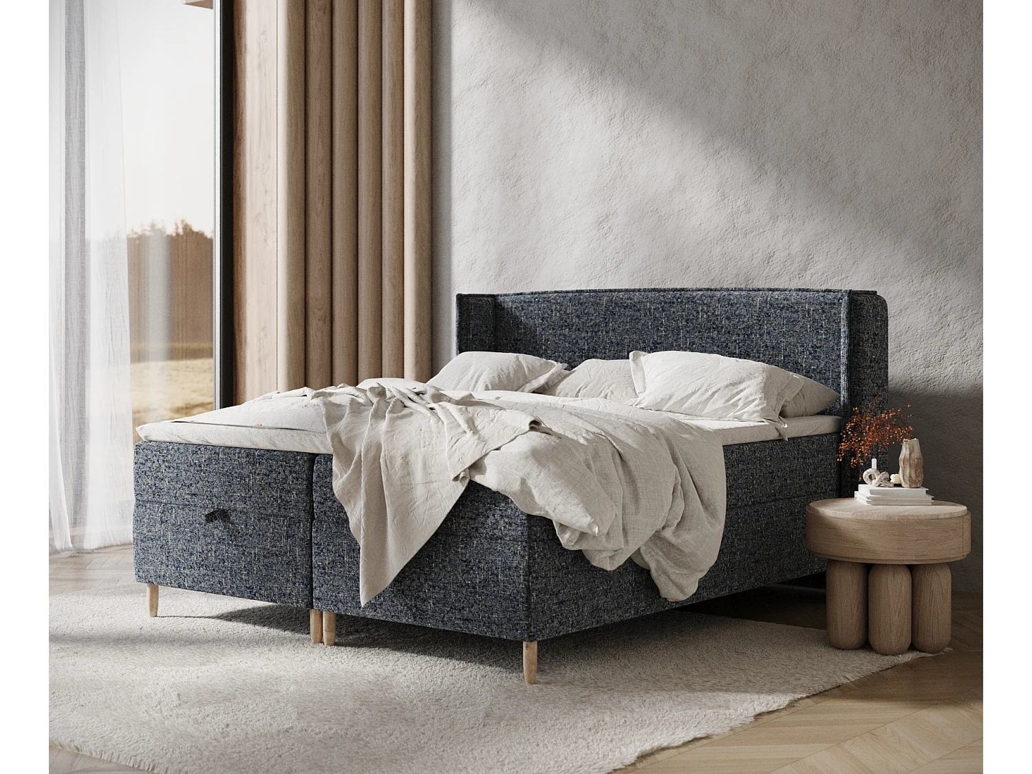 Łóżko boxspring w tkaninie plecionej Monpelli - materac - topper - 160x200 cm - granatowy 3981567 - obrazek 1