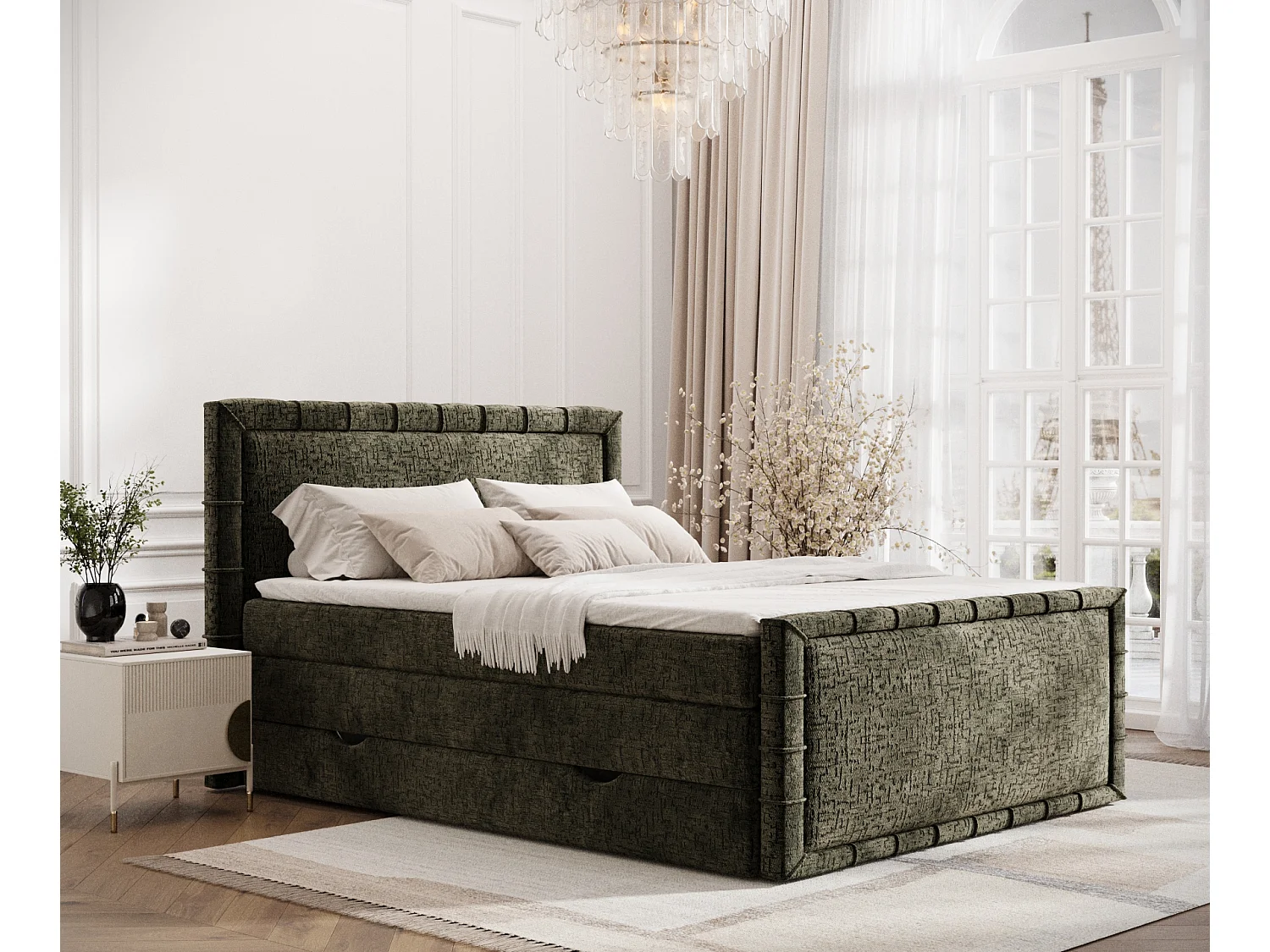 Łóżko boxspring w tkaninie szenilowej Estelle - materac - topper - 200x200 cm - oliwkowy 3981607 - obrazek 1