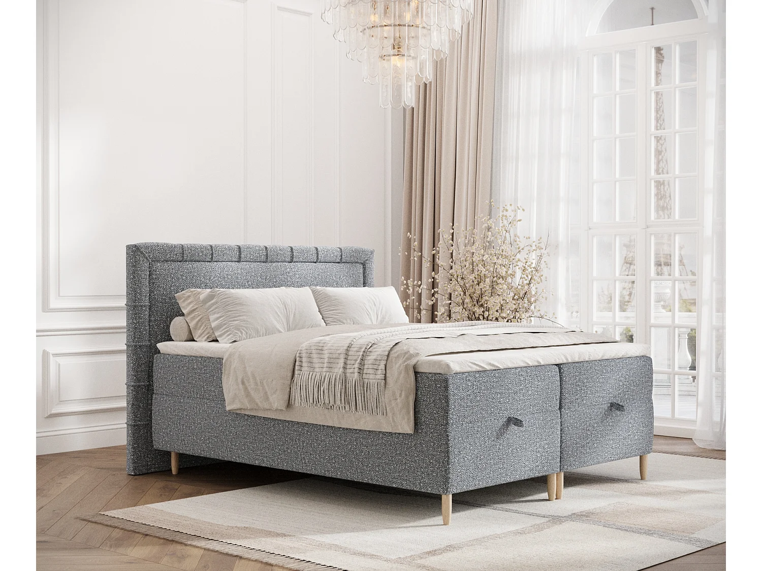 Łóżko boxspring w tkaninie boucle Voyage – materac – topper – 160×200 cm – szary 3981614