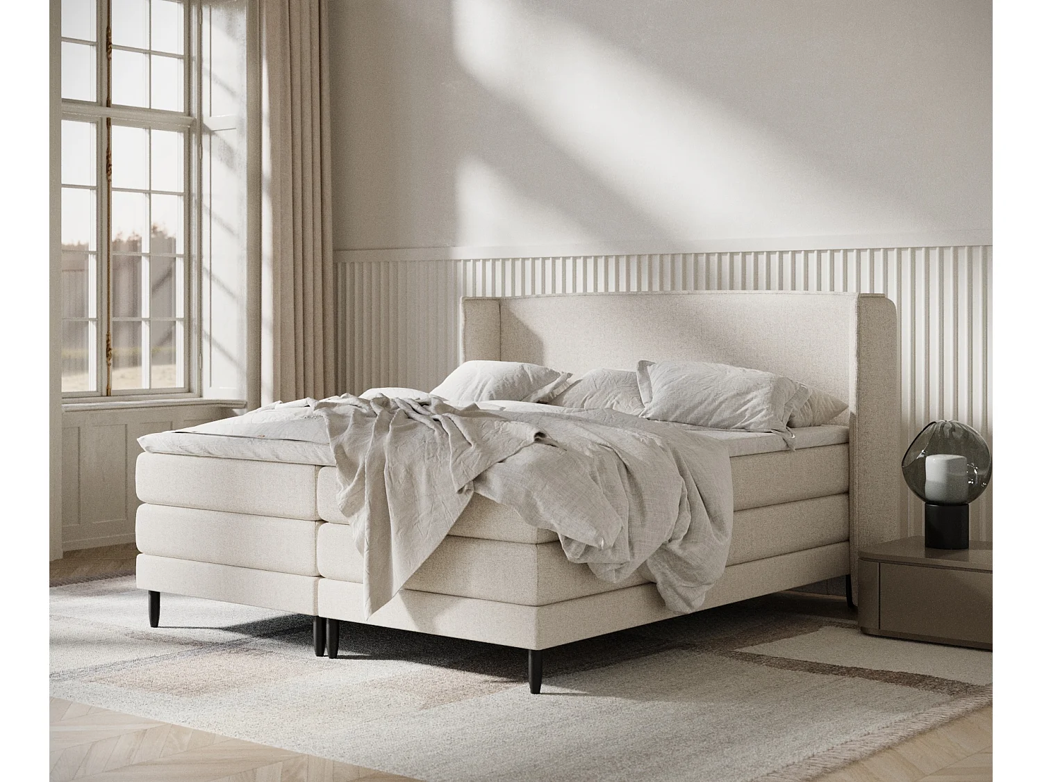 Łóżko boxspring w tkaninie plecionej Carizzo – materac – topper – 180×200 cm – beżowy 3981612