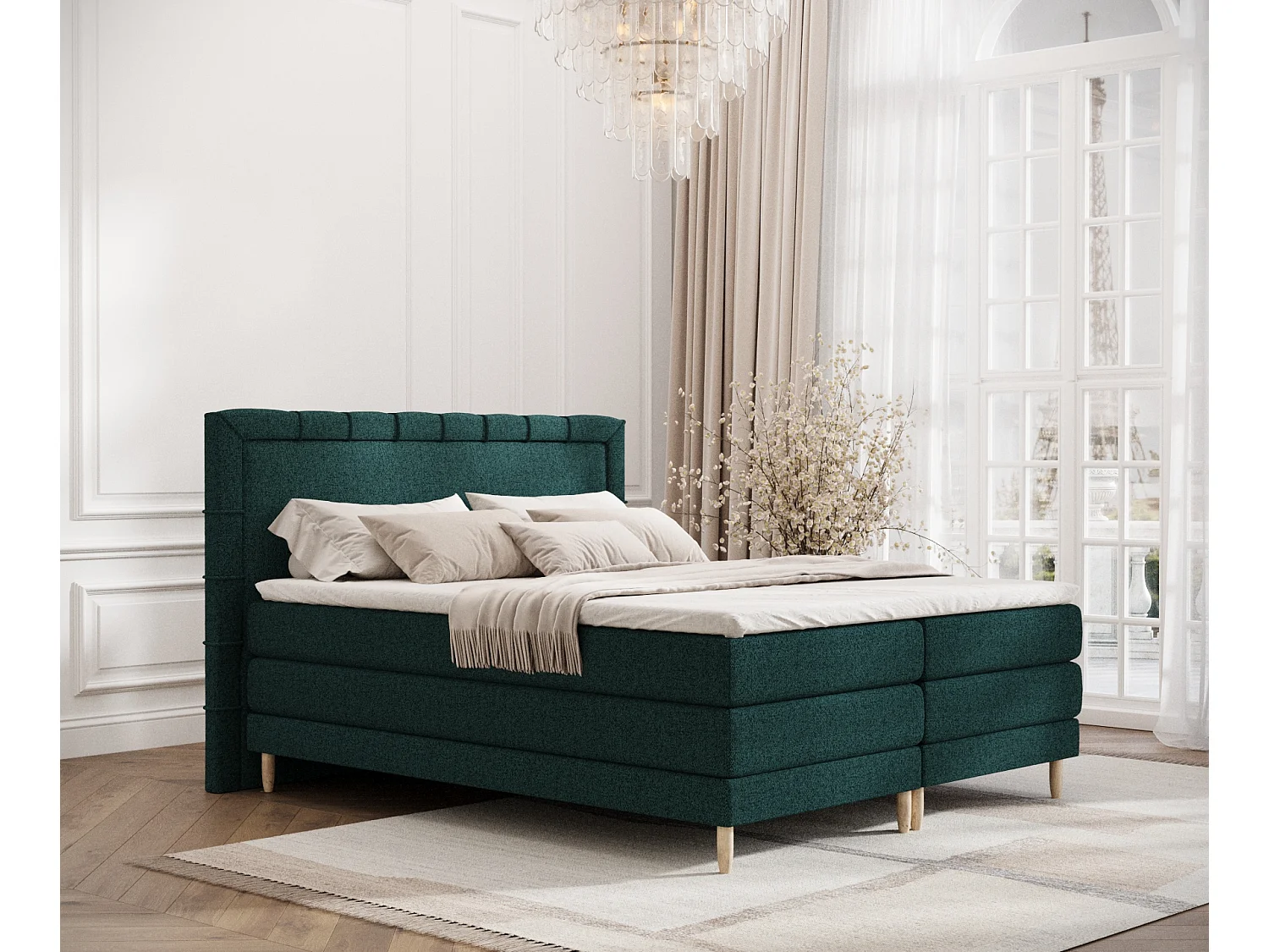 Łóżko boxspring w tkaninie plecionej Rimini - materac - topper - 180x200 cm - zielony 3981613 - obrazek 1