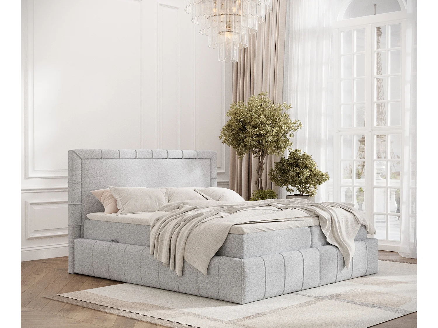 Łóżko boxspring w tkaninie plecionej Sundown - materac - topper - 200x200 cm - jasnoszary 3981641 - obrazek 1