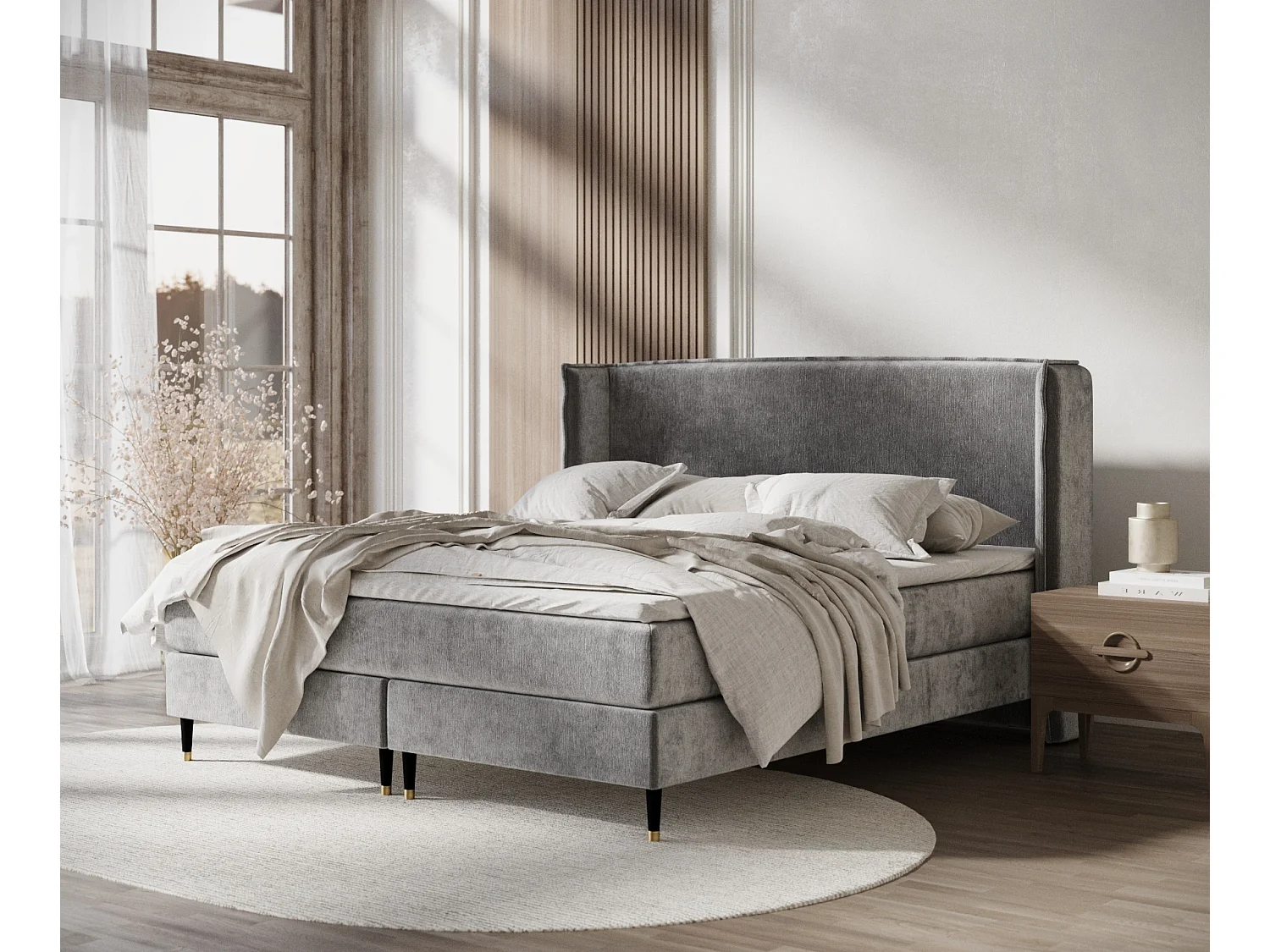 Łóżko boxspring w tkaninie szenilowej Ardis - materac - topper - 140x200 cm - szary 3981645 - obrazek 1