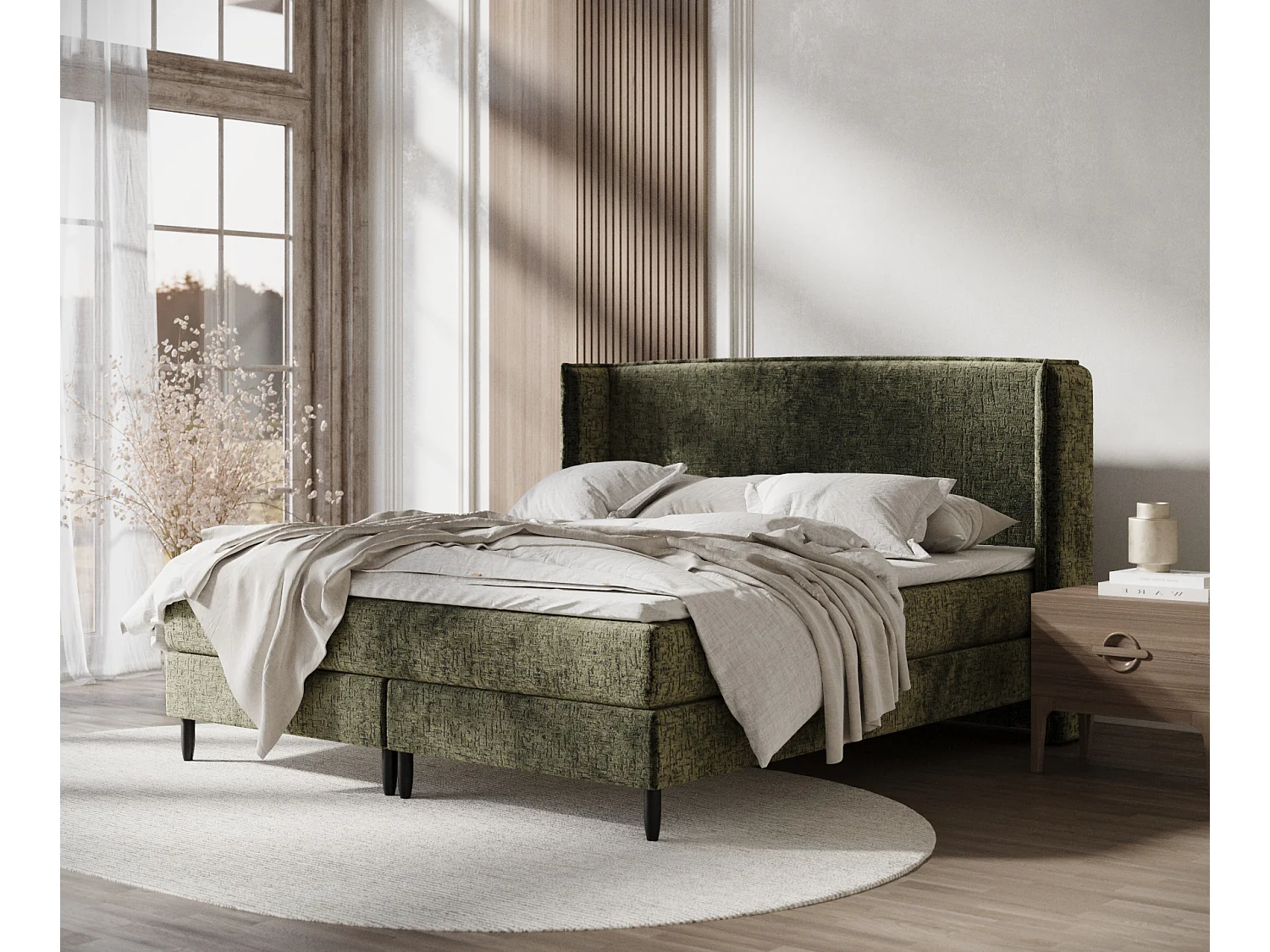 Łóżko boxspring w tkaninie szenilowej Ardis - materac - topper - 180x200 cm - oliwkowy 3981665 - obrazek 1