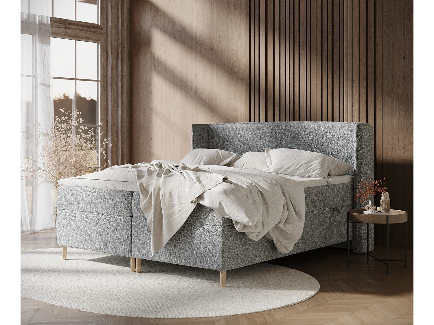 Łóżko boxspring w tkaninie boucle Segni – materac – topper – 140×200 cm – szary 3981669