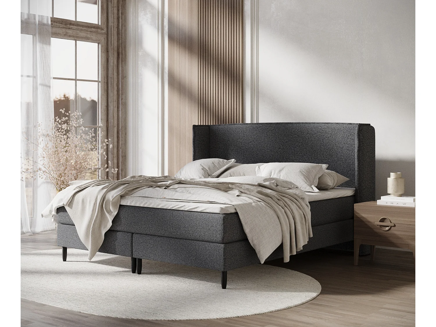 Łóżko boxspring w tkaninie plecionej Ardis – materac – topper – 140×200 cm – czarny 3981694