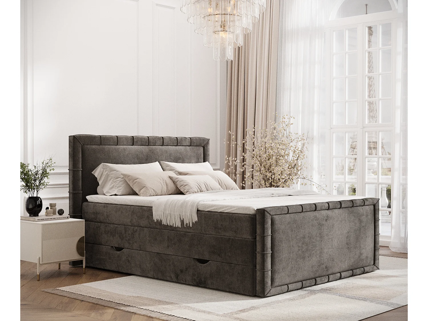 Łóżko boxspring w tkaninie szenilowej Estelle - materac - topper - 160x200 cm - brązowy 3981716 - obrazek 1
