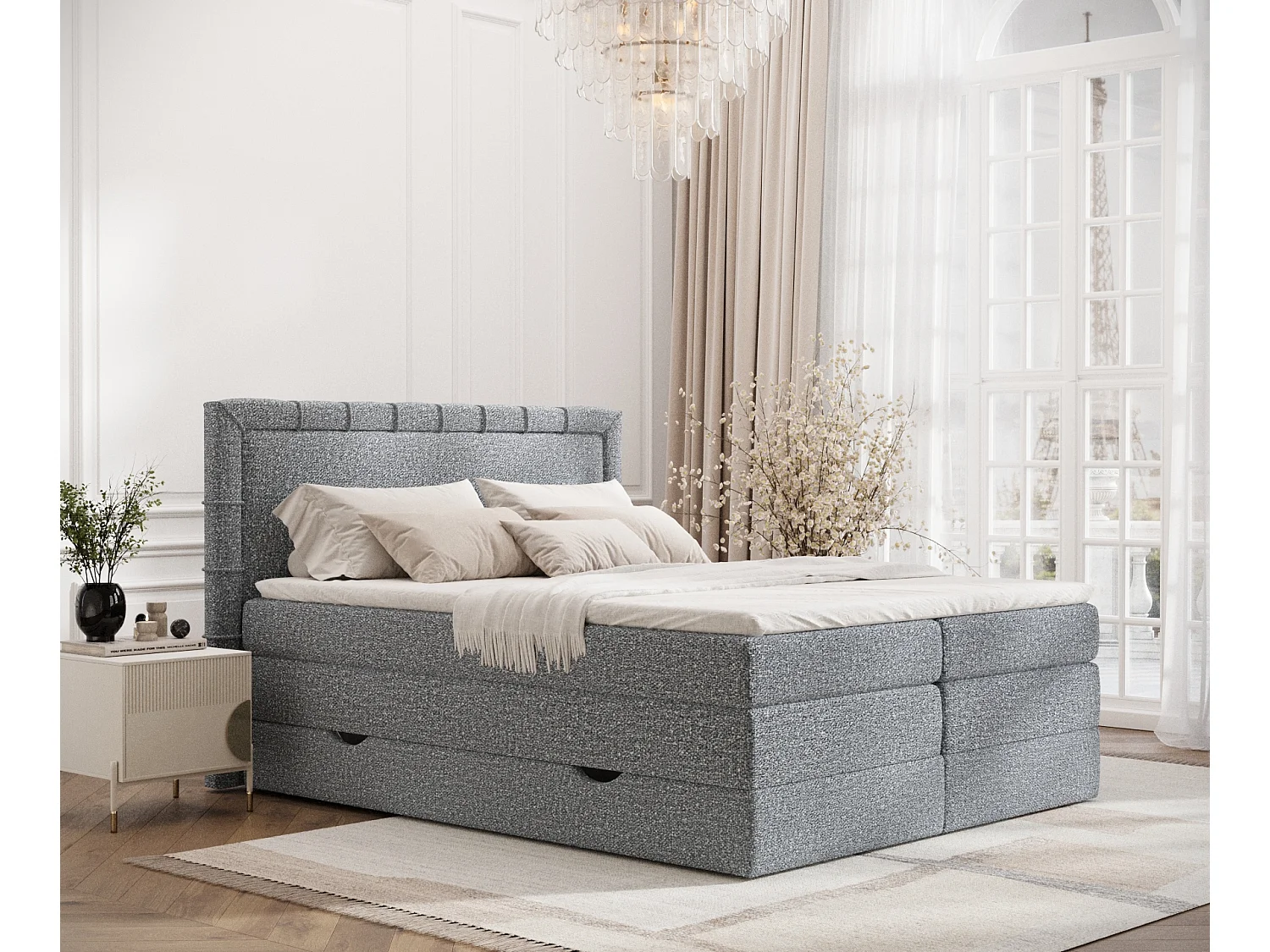 Łóżko boxspring w tkaninie boucle Rosabel – matelas – surmatelas – 200×200 cm – szary 3981726