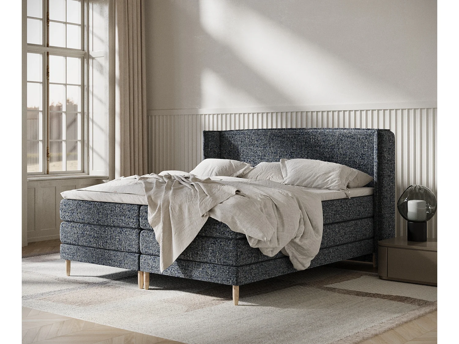 Łóżko boxspring w tkaninie plecionej Carizzo – materac – topper – 160×200 cm – granatowy 3981756