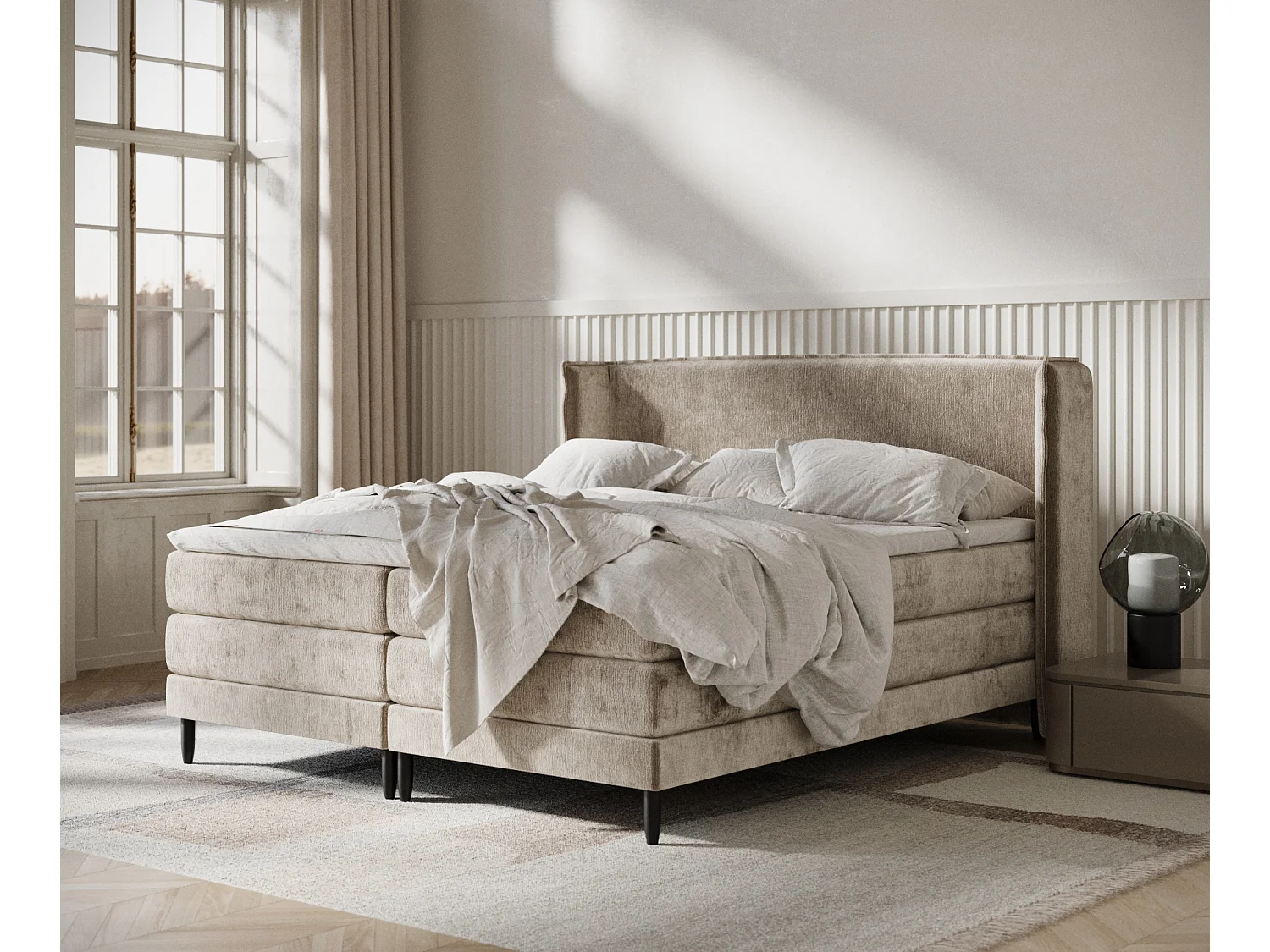 Łóżko boxspring w tkaninie szenilowej Carizzo - materac - topper - 140x200 cm - beżowy 3981765 - obrazek 1
