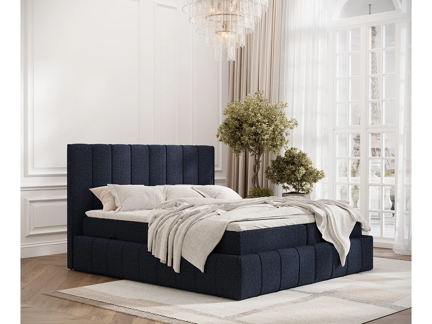 Łóżko boxspring w tkaninie plecionej Moretti - materac - topper - 200x200 cm - granatowy 3981785 - obrazek 1