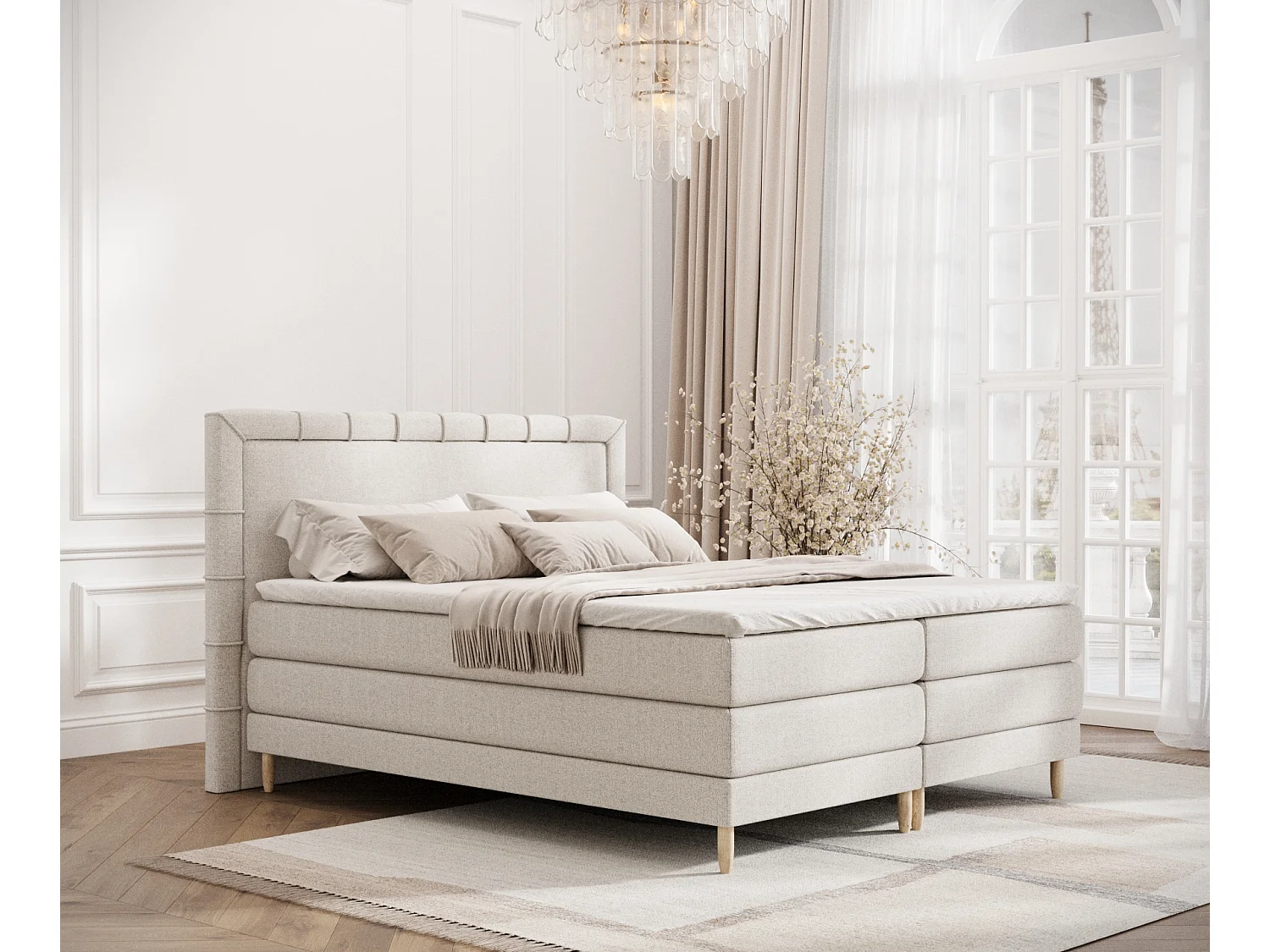 Łóżko boxspring w tkaninie plecionej Rimini - materac - topper - 160x200 cm - beżowy 3981797 - obrazek 1